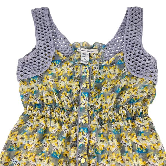 Y2K American Rag Full Button Babydoll Sleeveless Crochet Ruffled Floral Top XS - Picture 4 of 11